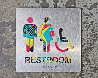 New Wave ADA Restroom Bathroom Sign - 1980s Neon Retro - 8"x8" Size - Memphis Design - Braille & Handicap - CHROMATONE Series: The Neon