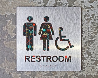 ADA Wheelchair Restroom Bathroom - 1980's Memphis Design - 8"x8" Size - Retro Decor - Braille & Handicap - CHROMATONE Series: The Memphis