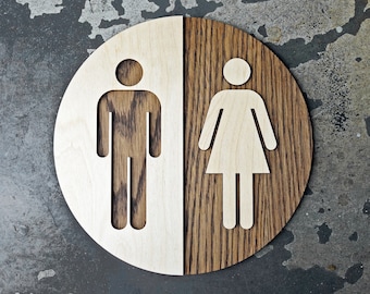 The ORIGINAL Half & Half Unisex Bathroom Sign - Office Restroom WC Signage - 6&quot;  9&quot; or 12&quot; Size - Raised Figures - Round Wood Modern Design