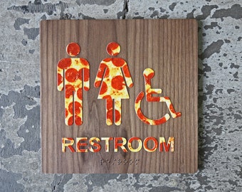 ADA Braille Restroom Bathroom Sign - Pizza Design - 8"x8" Size - Modern Decor - Family & Handicap - CHROMATONE Series: The Roni