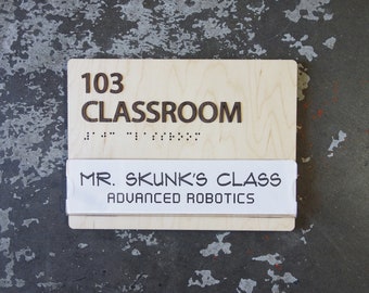 Changeable Insert Wood Room Sign - Custom Classroom with Braille - Window Insert Office Sign - 6"x8" - Personalized Conference Room Signage