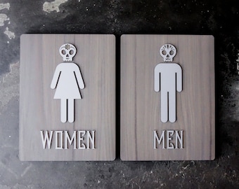 Day of the Dead Bathroom Sign Set - Dia de los Muertos - Custom Themed Restrooms - Various Sizes - 2 Sign Set - Brushed Metal Vinyl