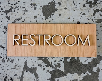 Modern Raised Text Restroom Sign - Various Wood Finishes - Raised Birch Text - Simple Wood Design - 8"-24"+ Sizes Available