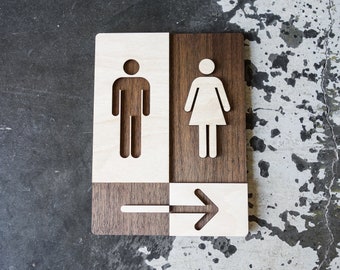 Può includere: Un cartello di legno con una freccia bianca che punta a destra. Il cartello è diviso in quattro sezioni, con la sezione in alto a sinistra che mostra una figura maschile, la sezione in alto a destra che mostra una figura femminile e le sezioni inferiori che mostrano la freccia.