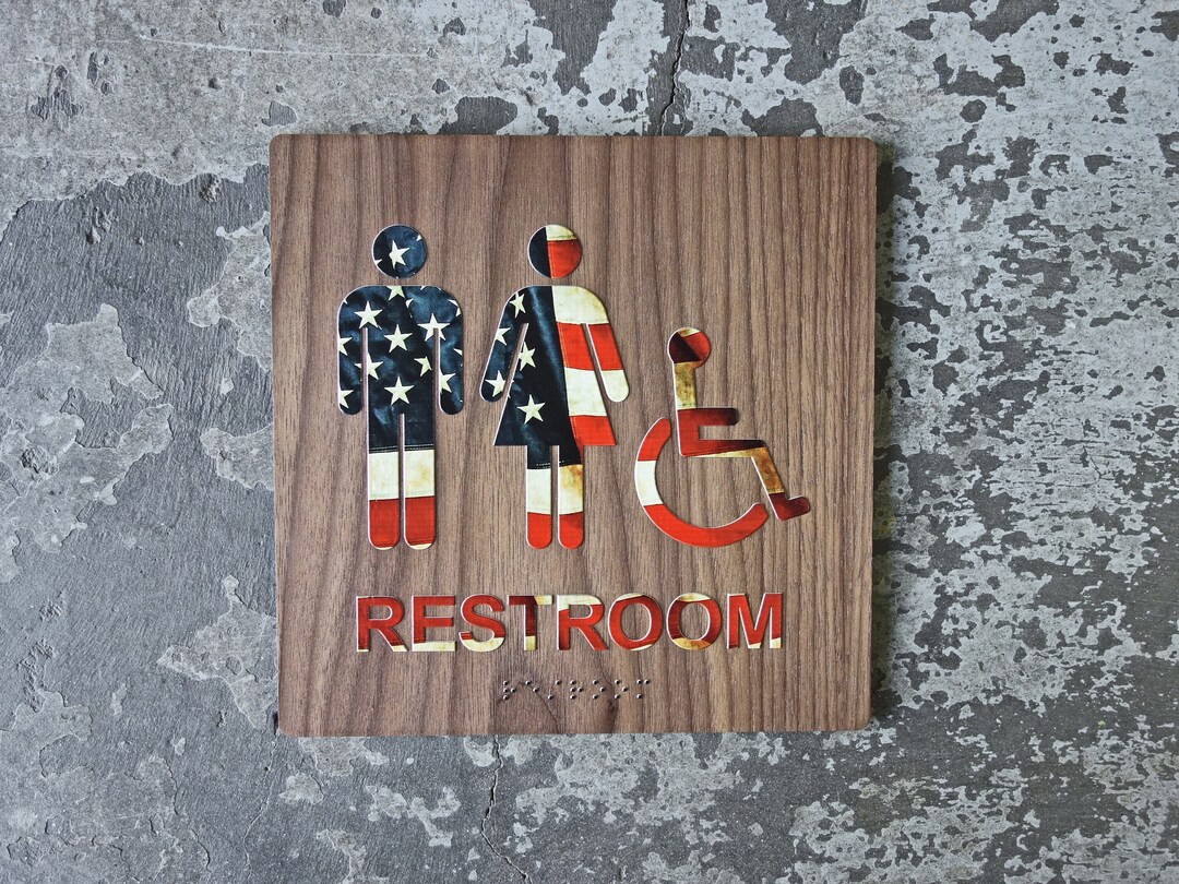 Unique ADA Restroom Bathroom Sign American Flag Design 8x8 Size Modern Decor Braille & Handicap ...