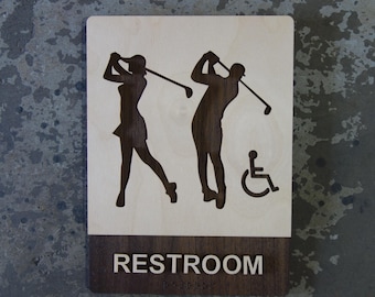 Super Unique Unisex Golf Themed Restroom Sign - 8x11 Size - 9 Wood Finishes - Wood Signage - Sport Related Signage - 1 Sign