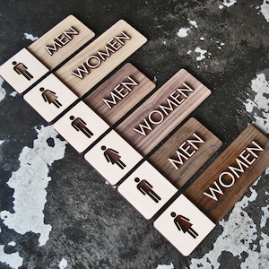 Men & Women Bathroom Wood Sign Set - 3&quot;x8&quot; and 3&quot; x 10&quot; - Modern Office Interior Design - Custom Finish Options Available