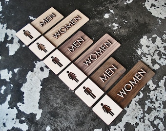 Men & Women Bathroom Wood Sign Set - 3"x8" and 3" x 10" - Modern Office Interior Design - Custom Finish Options Available