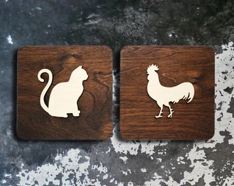 Cat & Rooster Bathroom Sign - Potty Humor Signage - Various Sizes and Finishes Available - Raised Wood Figures - Only for Very Mature Adults