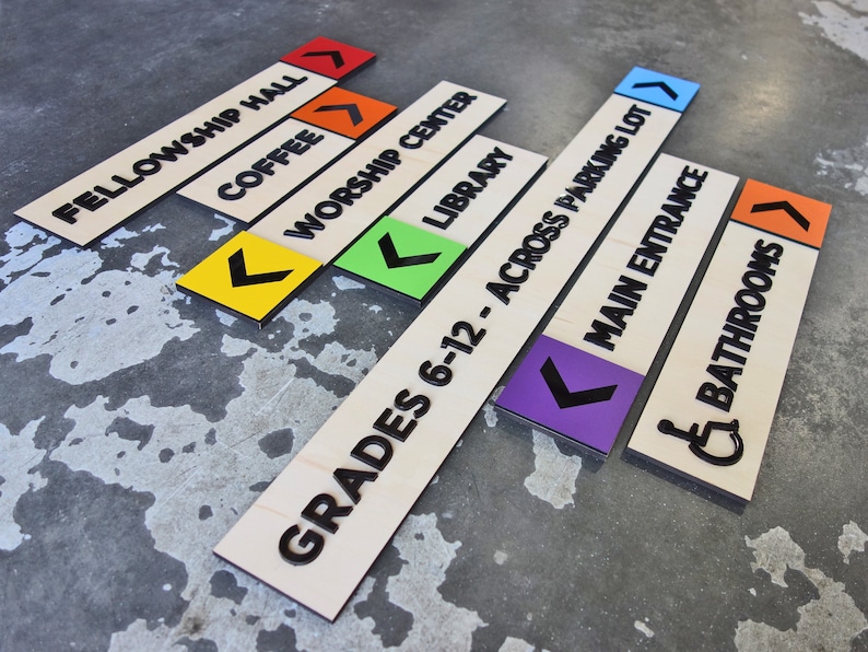 Colorful Wayfinding Directional Arrow Wood Signs - Custom Raised Text ...
