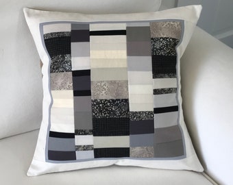 Pillow, Throw Pillow, Accent Pillow, Sofa Pillow, Pillow Cover, cotton, patchwork, white, taupe, gray, black, modern, stripe, 16 in, cotton