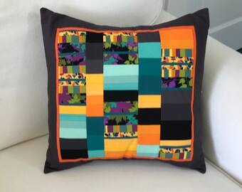 Pillow, Throw Pillow, Accent Pillow, Sofa Pillow, Pillow Cover, cotton, patchwork, turquoise, orange, black, modern, stripe, 16 in, cotton