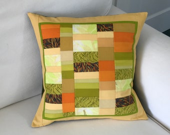 Pillow, Throw Pillow, Accent Pillow, Sofa Pillow, Pillow Cover, cotton, patchwork, orange, yellow, olive, modern, stripe, 16 in, cotton