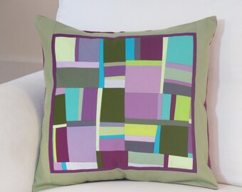 Quilted Pillow, Throw Pillow, Accent Pillow, Sofa Pillow, Pillow Cover, quilt, cotton, pieced, purple, lime, olive, modern, aqua, abstract