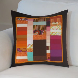 Quilted Pillow, Throw Pillow, Accent Pillow, Sofa Pillow, Pillow Cover, quilt, cotton, pieced, brown, aqua, orange, modern, stripe, magent