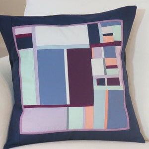 Quilted Pillow, Throw Pillow, Accent Pillow, Sofa Pillow, Pillow Cover, quilt, cotton, pieced, purple, blue, gray, modern, peach, abstract