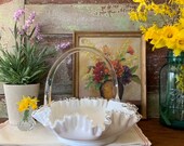 Fenton SilverCrest Ruffled Edge Milk Glass 1950 s Extra Large Wedding Basket Bowl - Vintage Farmhouse Decor - Glass Centerpiece - Gift