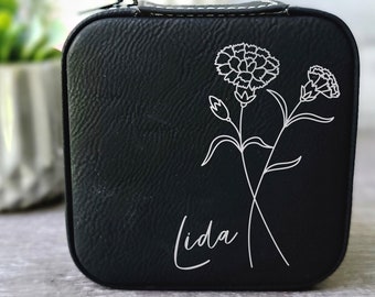 Bridesmaid Gifts | Personalized Laser Engraved Travel Jewelry Box with Birth Month Flower Detail | Customizable Engraving Jewelry Box
