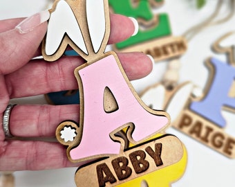 Easter Bunny Letter Initial Tag | Personalized Wood Name Tag for Kids Baskets | Laser Cut Bunny Design with Twine and Wood Beads