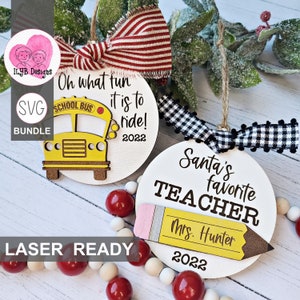 Favorite Teacher & Bus Driver Christmas Ornament Svg Laser Cut File | School Christmas Ornament Svg | Teacher Pencil Svg | Laser Cut Files