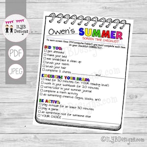 Summer Screen Time Checklist Printable PDF, JPEG Printable Files - Summer Schedule - Summer Learning Checklist - Technology Chart