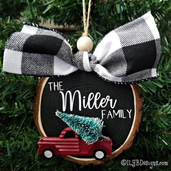 Personalized Red Truck Christmas Ornament - Family Christmas Ornament - Red Truck with Tree Wood Farmhouse Ornament - 2020 Christmas Gift Il_570xn