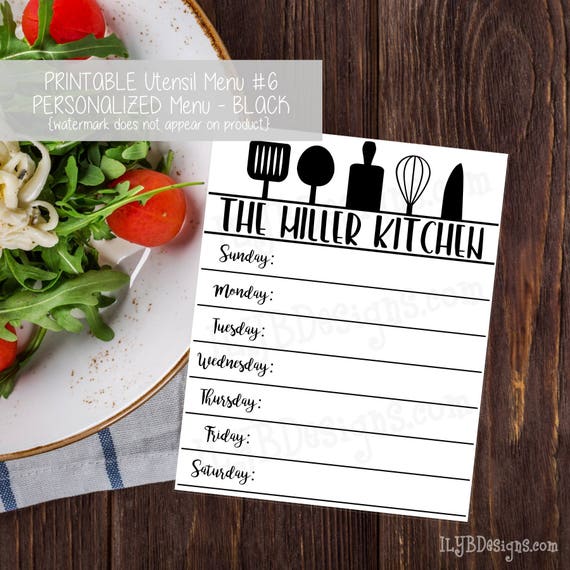Kitchen Menu Board PERSONALIZED Black PRINTABLE - Family Menu Planner Printable - Menu Board Printable - Menu Il_570xn