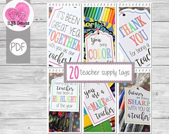 20 Teacher School Supply Tags Printable | Teacher Appreciation Tags | Teacher Appreciation Gift | Teacher Appreciation Printable