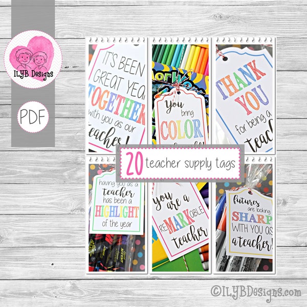20 Teacher School Supply Tags Printable | Teacher Appreciation Tags | Teacher Appreciation Gift | Teacher Appreciation Printable