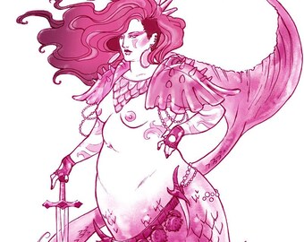 Superboss Badass Siren - Pink Mermaid - Illustration - Art Print A4 - 21 x 29,7 cm / 8.3 x 11.7 inches - Mar del Valle