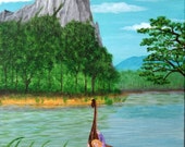 Lady of Shalott Scene Acrylic Painting Reproduction on CANVAS 12 X 16 Nostalgia Antique Folklore Legend Castle Camelot River Trees