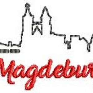 Könnte beinhalten: Schwarz-weiß-Linienkunst-Illustration der Skyline von Magdeburg mit dem Wort "Magdeburg" in roter Schrift darunter.