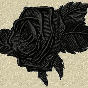 May include: A black embroidered rose with leaves. The rose is detailed with multiple layers of petals.