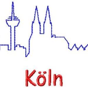 以下が含まれることがあります： ケルン市のスカイラインの白黒の線画。ケルン大聖堂、ケルンケーブルカー、ホーエンツォレルン橋などが描かれている。スカイラインの下に赤い文字で「ケルン」と書かれている。