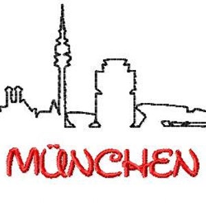 Peut inclure: Illustration en noir et blanc de l'horizon de Munich avec le mot "MÜNCHEN" en rouge en dessous.