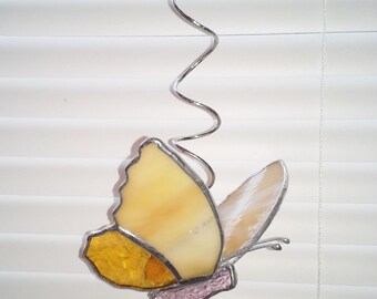 Stained Glass Butterfly-Amber/Cream-Sun Catcher on Coiled Hanger