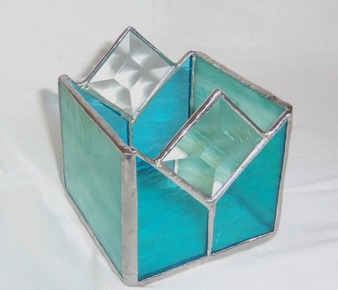 Stained Glass Candle Holder Blues and Bevelswedding Table Etsy