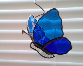 Stained Glass Butterfly-Sun Catcher on Coiled Hanger- Blues