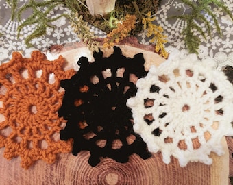 Crocheted Spider Web Coasters: Halloween Decor, Set of 2 or 4
