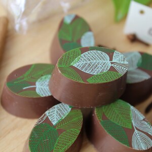 May include: A close-up of five chocolate truffles with a green and white leaf design. The truffles are arranged in a pile on a wooden surface.