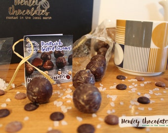 Salted caramel chocolates. Handmade gourmet chocolate caramels with artisan salt from Droitwich Spa. Birthday present. plastic free gift.