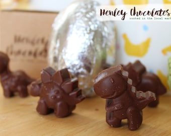 Chocolate dinosaur egg- hand crafted chocolate egg filled with a chocolate dinosaur figure.  Plastic free gift. Vegan chocolate options