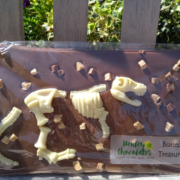 Giant chocolate dinosaur slab bar (500g): Buried Treasure! Huge handmade chocolate bar. Chocolate T-Rex skeleton. Chocolate dinosaur bones