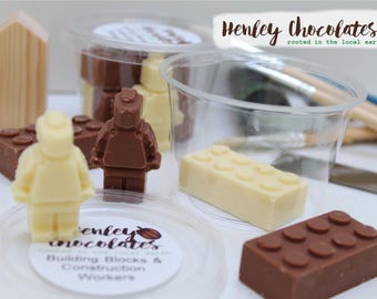 Handmade Chocolate Building Blocks and Construction Workers in plastic free pots. Children&#39;s chocolate party bag favours. Plastic free gifts