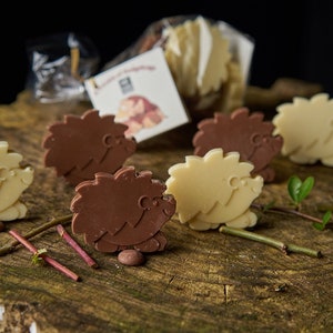 Handmade chocolate hedgehogs: 'A Prickle of Hedgehogs'. Wildlife chocolate animals. Milk & white chocolate. Birthday gifts