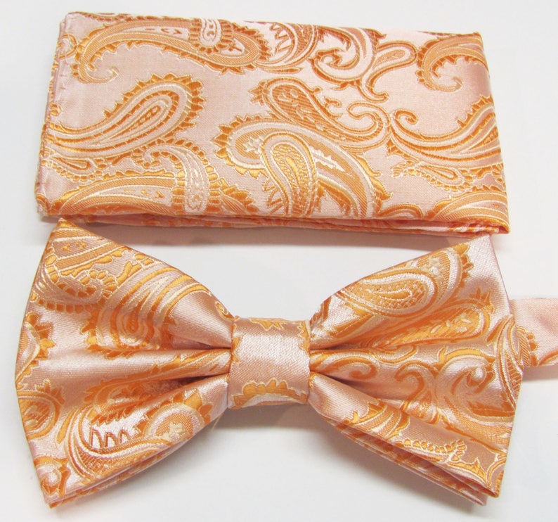 Peach Orange Apricot Melon Tone On Tone Paisley With Free Pocket Square Pre Tied Mens Bow Tie image 2