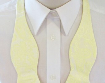 Mens Bowtie Freestyle Pale Yellow Paisley FREE Pocket Square Adjustable Neck Mans Self Tie Bow Tie