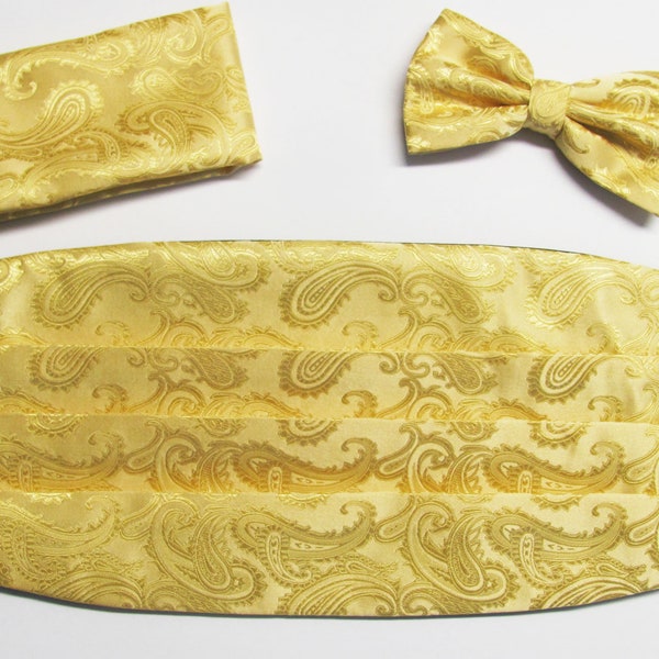 Gold Heathcote Paisley Cotton/Silk Pleated Cummerbund & Bow Tie Set main image 1