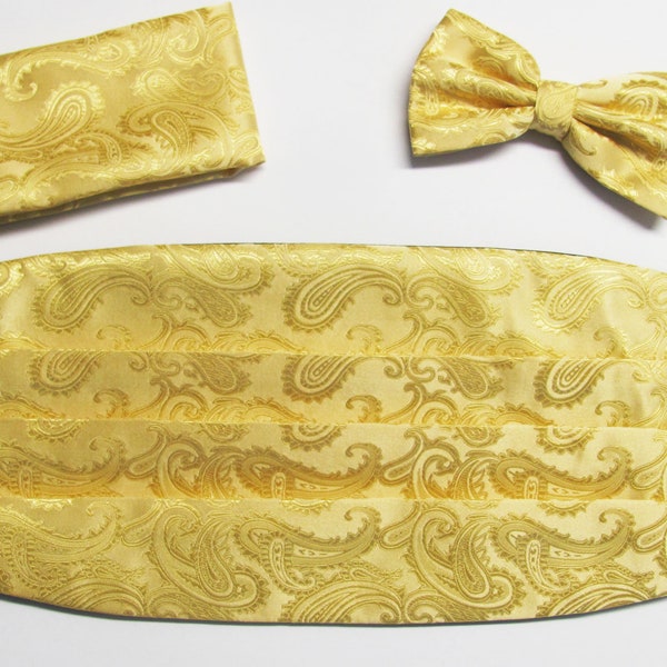 Mens Gold Paisley Satin Cummerbund Set Adjustable Back With Tie And Pocket Square