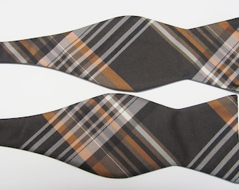 Mens Brown Rust Copper And White Plaid Design Self Tie Freestyle Bow Tie